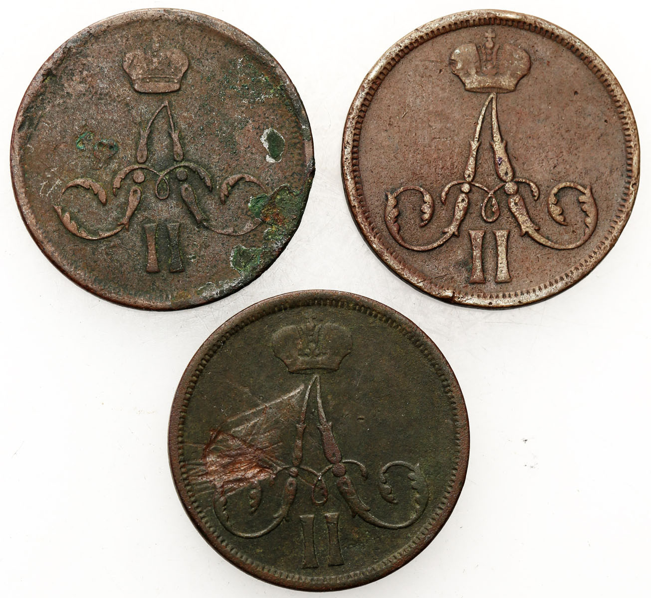 Polska XIX w./Rosja. Aleksander II. Kopiejka 1861, 1862 BM, Warszawa, 1864 EM, Jekaterinburg, zestaw 3 monet